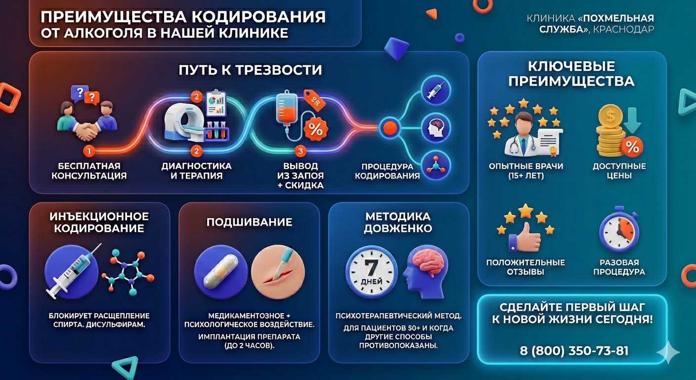 Инфографика о методах кодирования от алкоголя в Кондратово: инъекции, подшивание, метод Довженко. Преимущества клиники и этапы лечения.