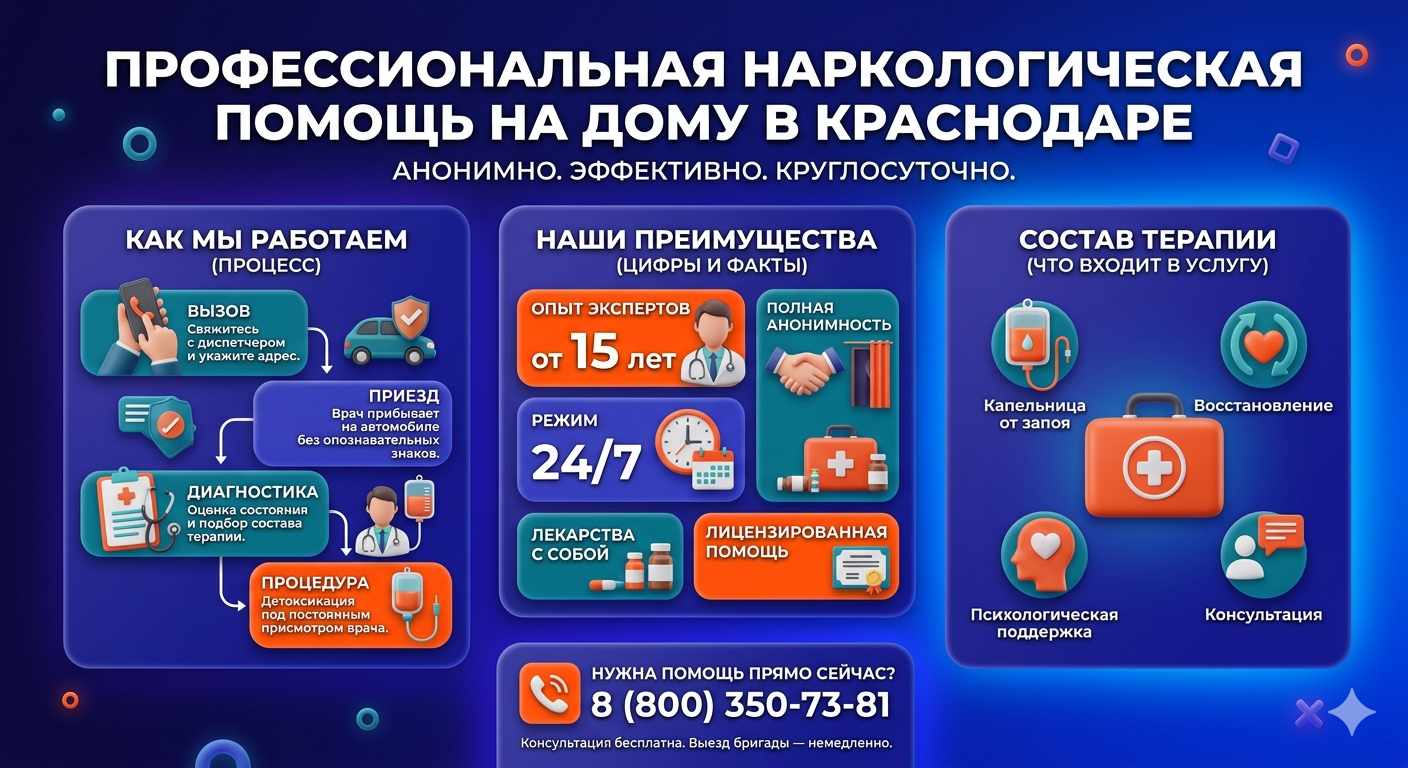 Инфографика о принципах лечения алкоголизма на дому в Кондратово: этапы вызова нарколога, преимущества анонимной детоксикации и состав медицинской помощи.
